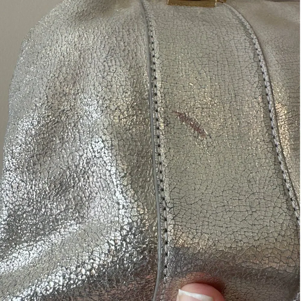 Tory Burch Nico Metallic East West Tote Silver‎ Distressed Leather
